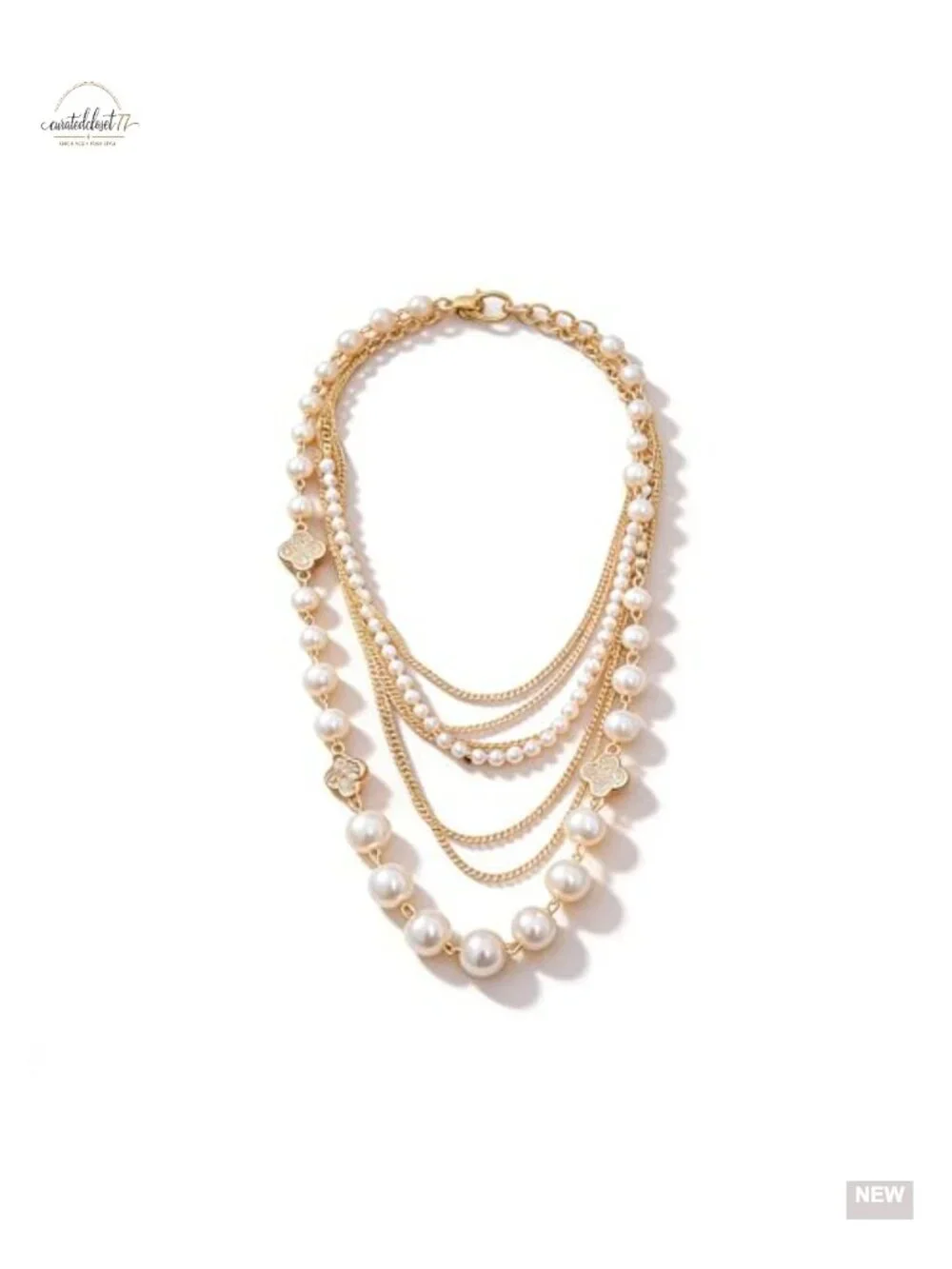 Multi Layered Pear Necklace Stacked Gold Chain Clover Long Statement
